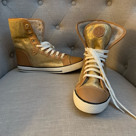 Tory Burch Benjamin camel and gold high top sneakers. Size 9 - Picture 3 of 15